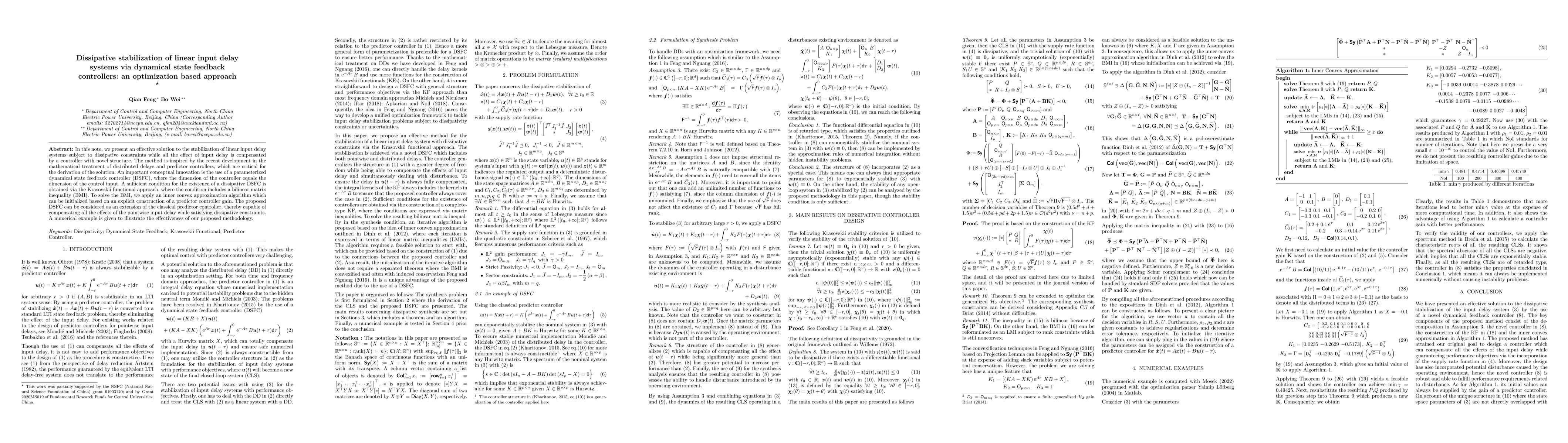 Thumbnail for Dissipative stabilization of linear input delay systems via dynamical
  state feedback controllers: an optimization based approach