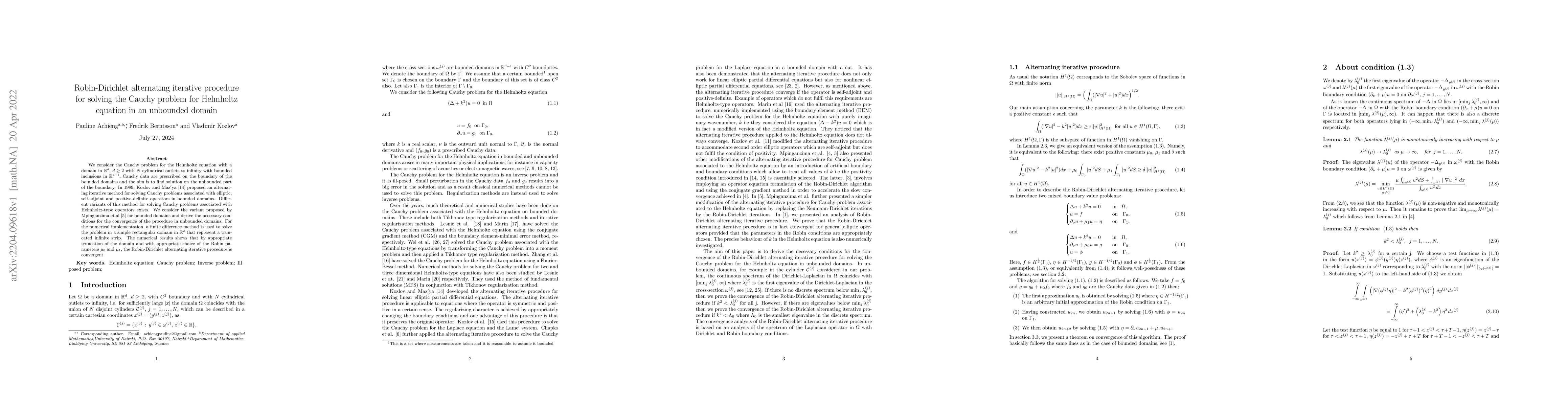 Thumbnail for Robin-Dirichlet alternating iterative procedure for solving the Cauchy
  problem for Helmholtz equation in an unbounded domain