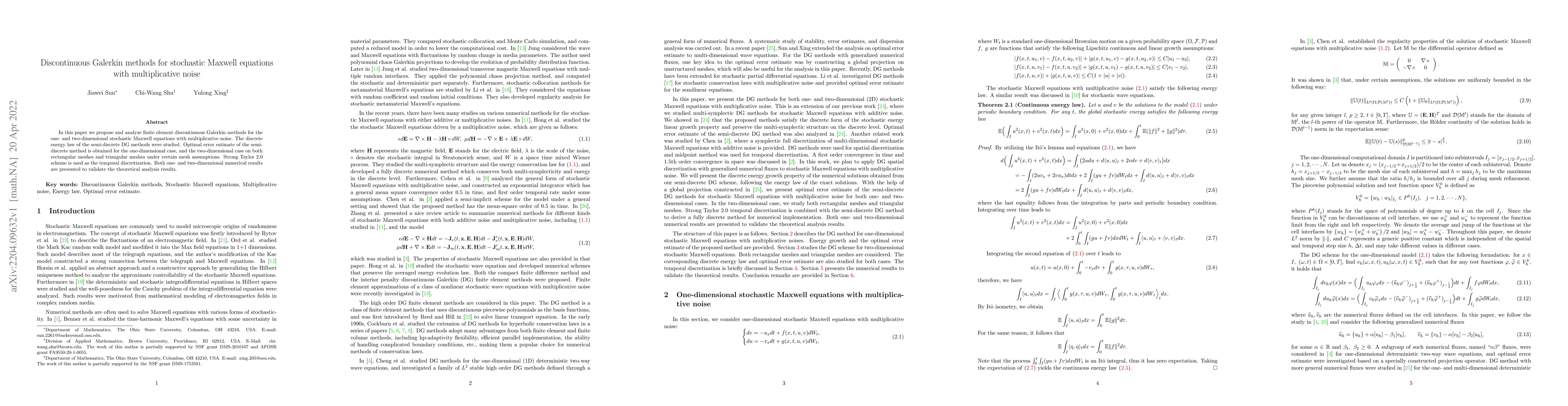 Thumbnail for Discontinuous Galerkin methods for stochastic Maxwell equations with
  multiplicative noise