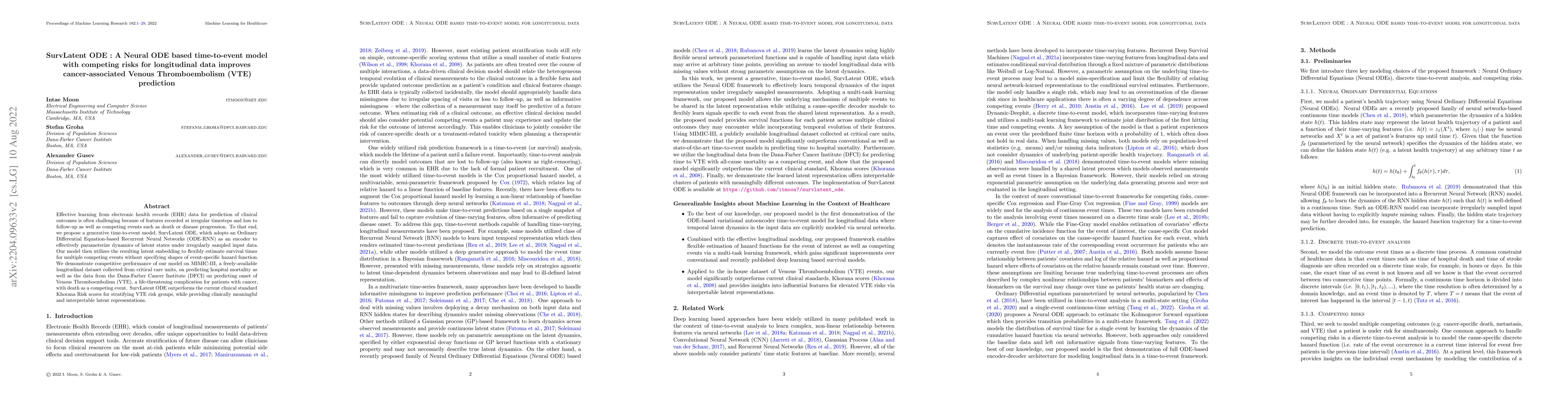 Thumbnail for SurvLatent ODE : A Neural ODE based time-to-event model with competing
  risks for longitudinal data improves cancer-associated Venous Thromboembolism
  (VTE) prediction
