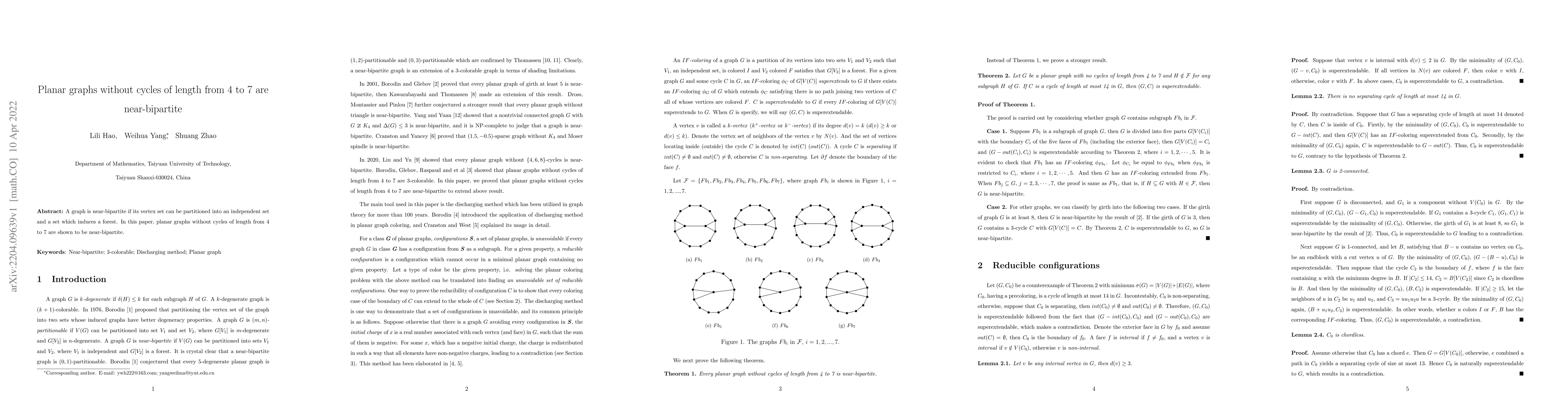 Thumbnail for Planar graphs without cycles of length from 4 to 7 are near-bipartite