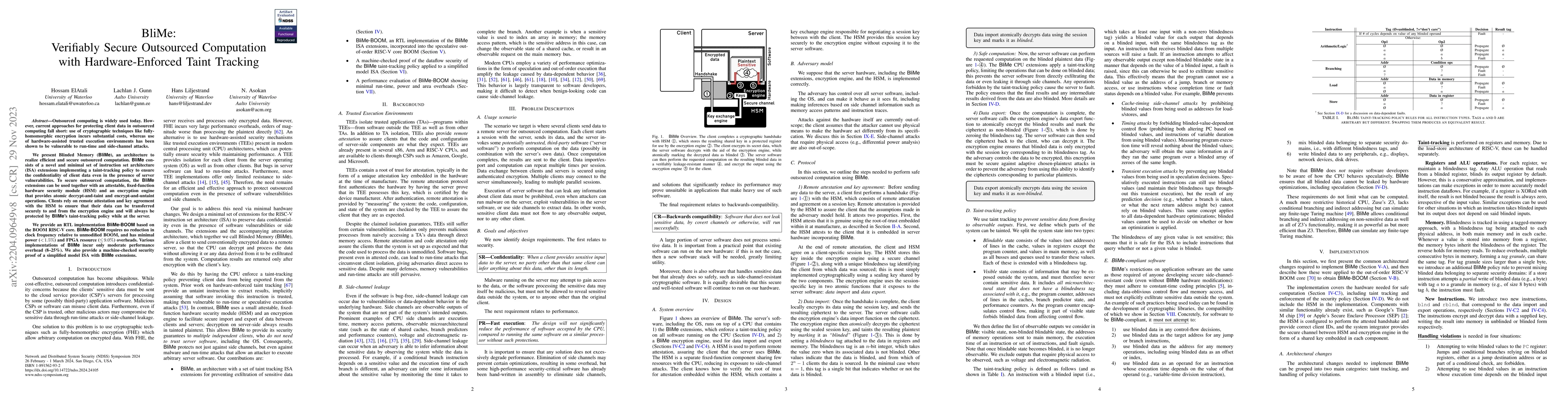 Thumbnail for BliMe: Verifiably Secure Outsourced Computation with Hardware-Enforced
  Taint Tracking