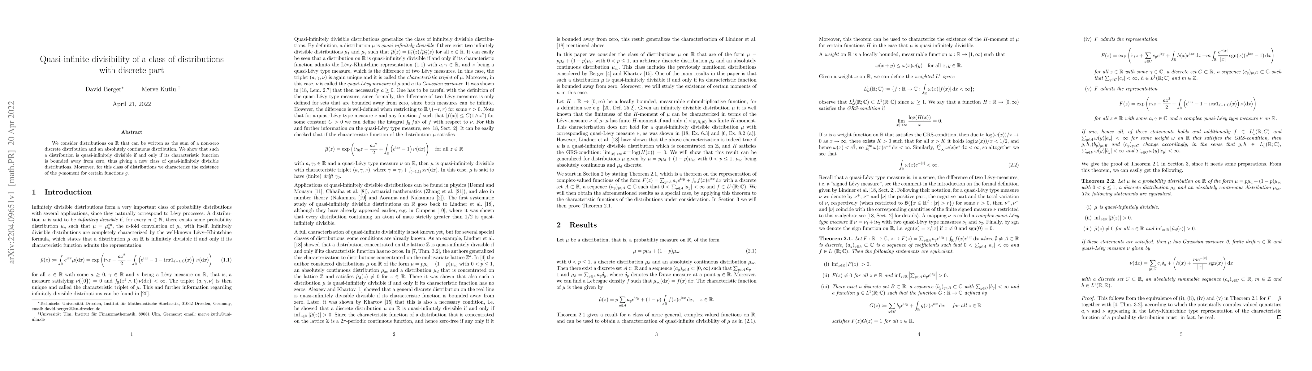 Thumbnail for Quasi-infinite divisibility of a class of distributions with discrete
  part