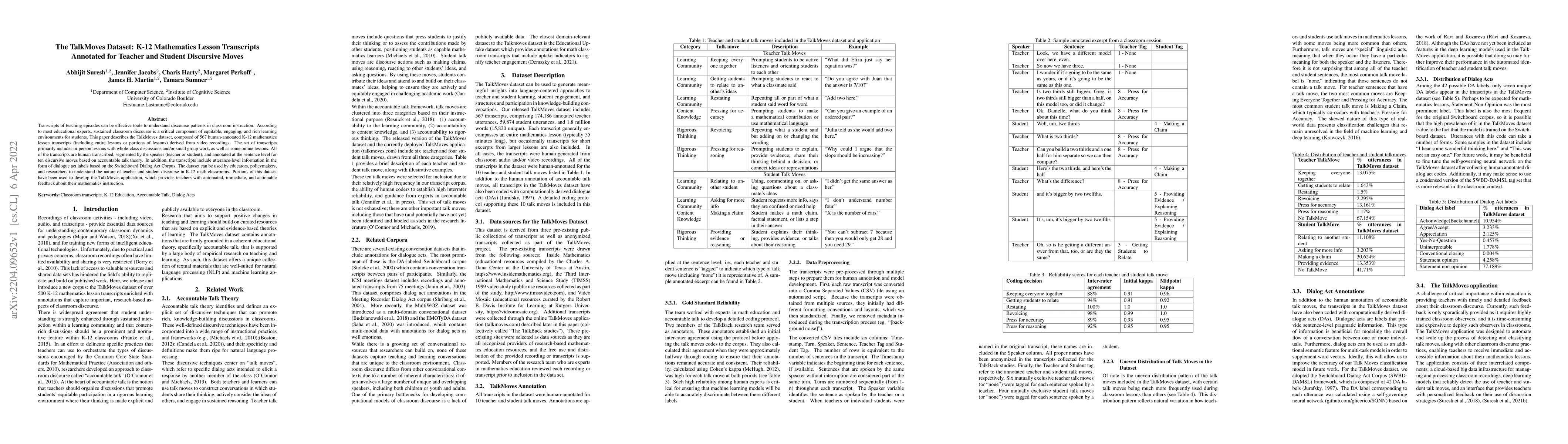 Thumbnail for The TalkMoves Dataset: K-12 Mathematics Lesson Transcripts Annotated for
  Teacher and Student Discursive Moves