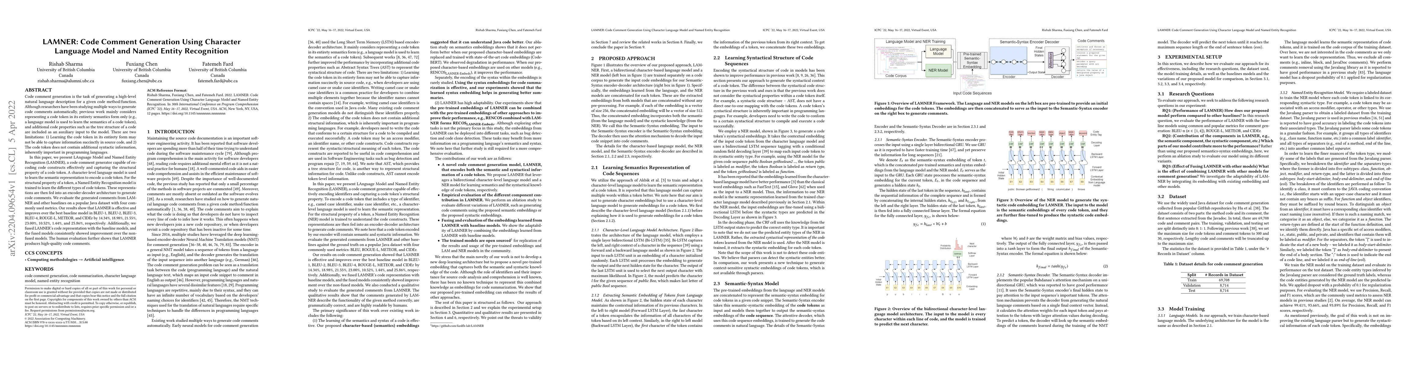 Thumbnail for LAMNER: Code Comment Generation Using Character Language Model and Named
  Entity Recognition