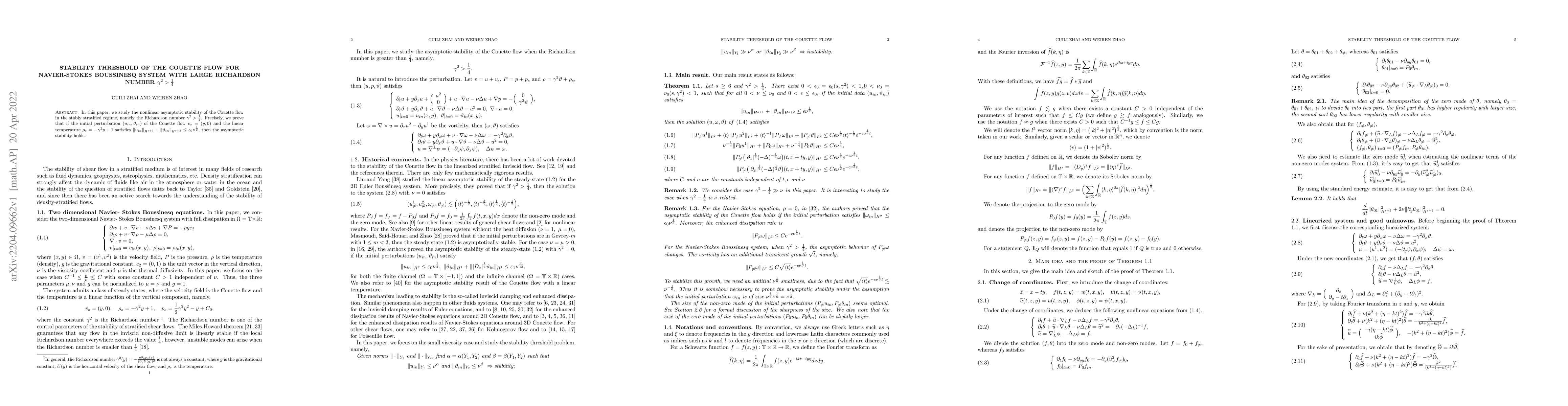 Thumbnail for Stability threshold of the Couette flow for Navier-Stokes Boussinesq
  system with large Richardson number $\gamma^2>\frac{1}{4}$