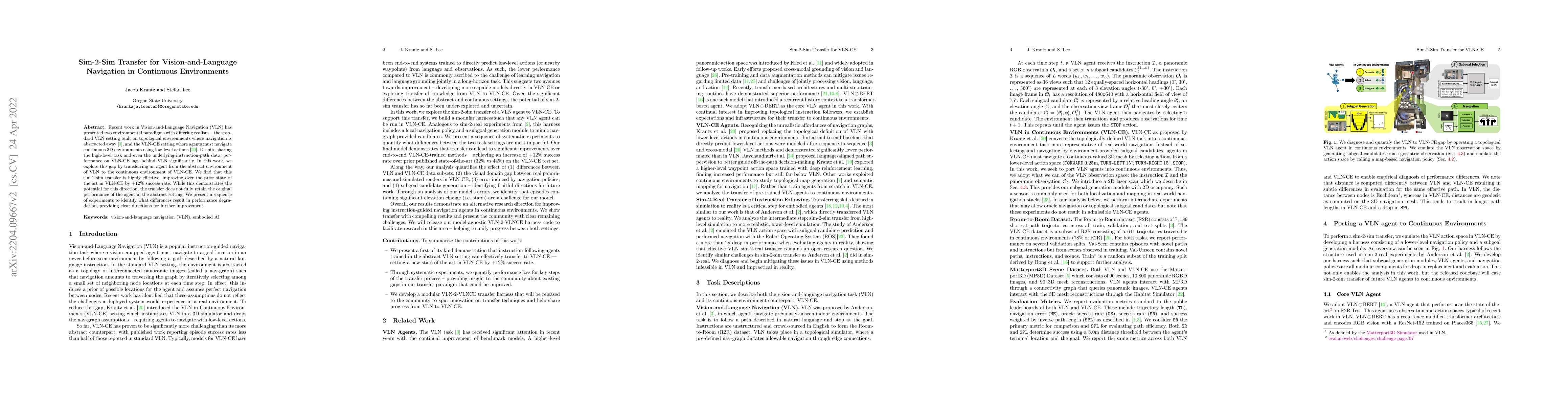 Thumbnail for Sim-2-Sim Transfer for Vision-and-Language Navigation in Continuous
  Environments