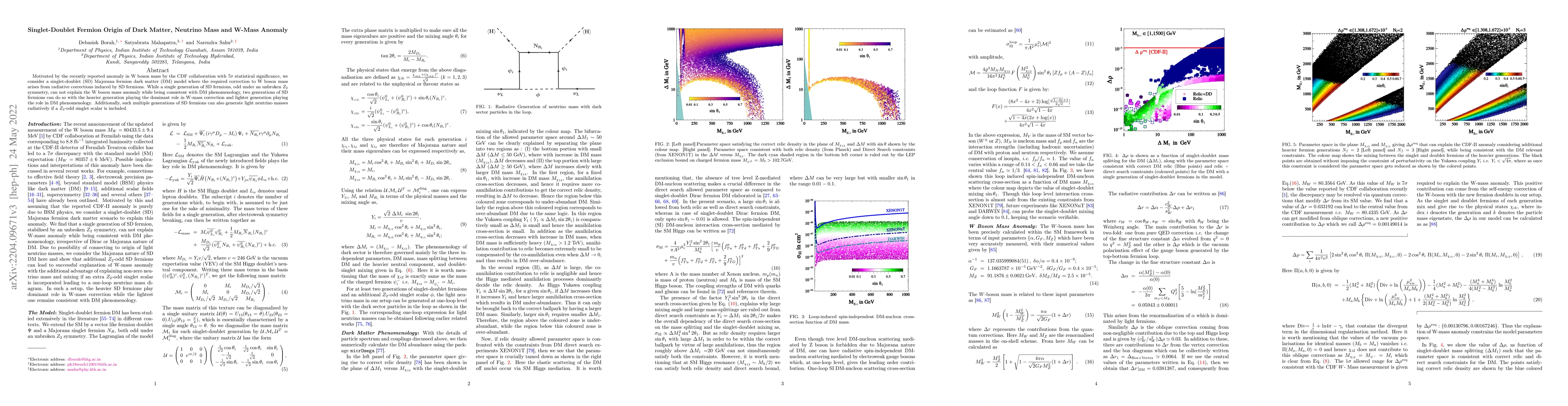 Thumbnail for Singlet-Doublet Fermion Origin of Dark Matter, Neutrino Mass and W-Mass
  Anomaly