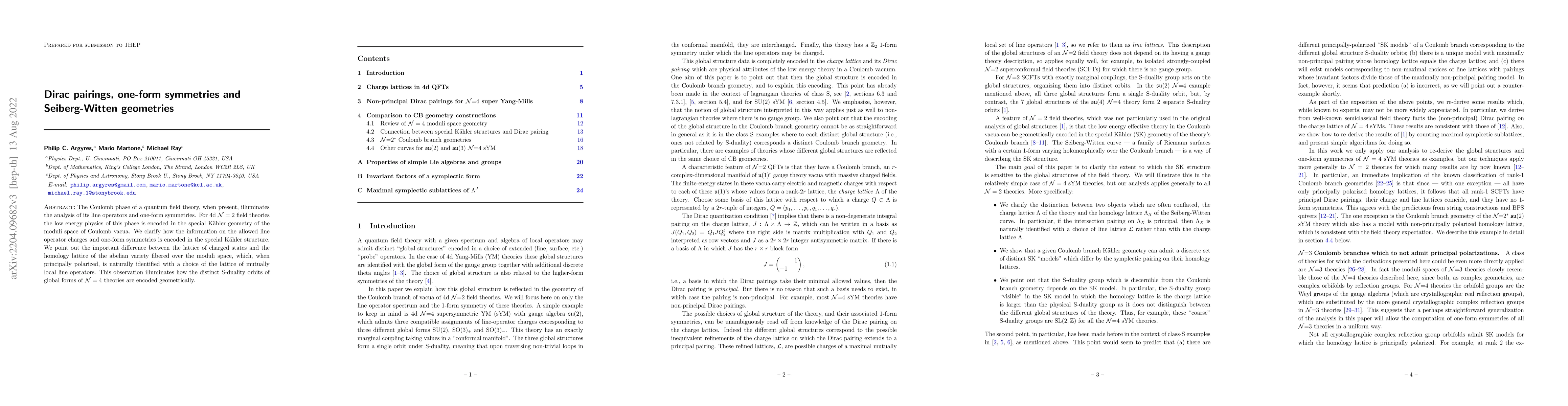 Thumbnail for Dirac pairings, one-form symmetries and Seiberg-Witten geometries