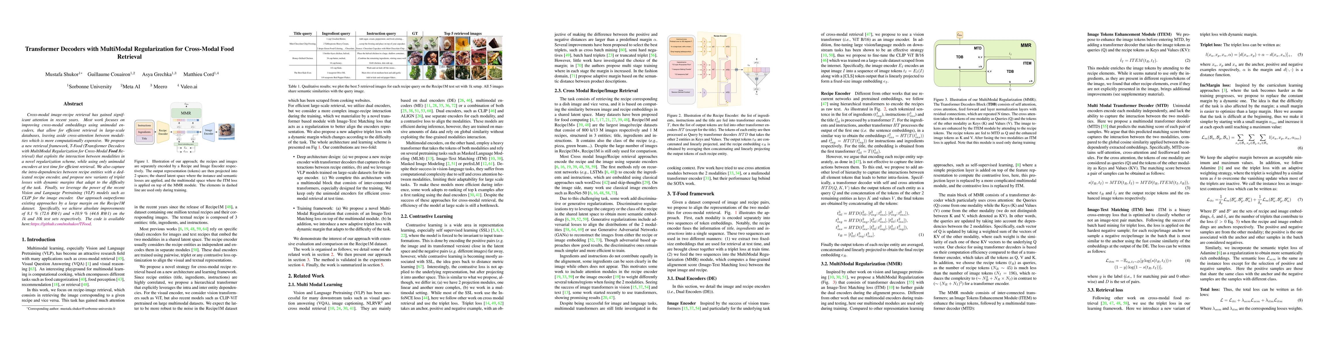 Thumbnail for Transformer Decoders with MultiModal Regularization for Cross-Modal Food
  Retrieval