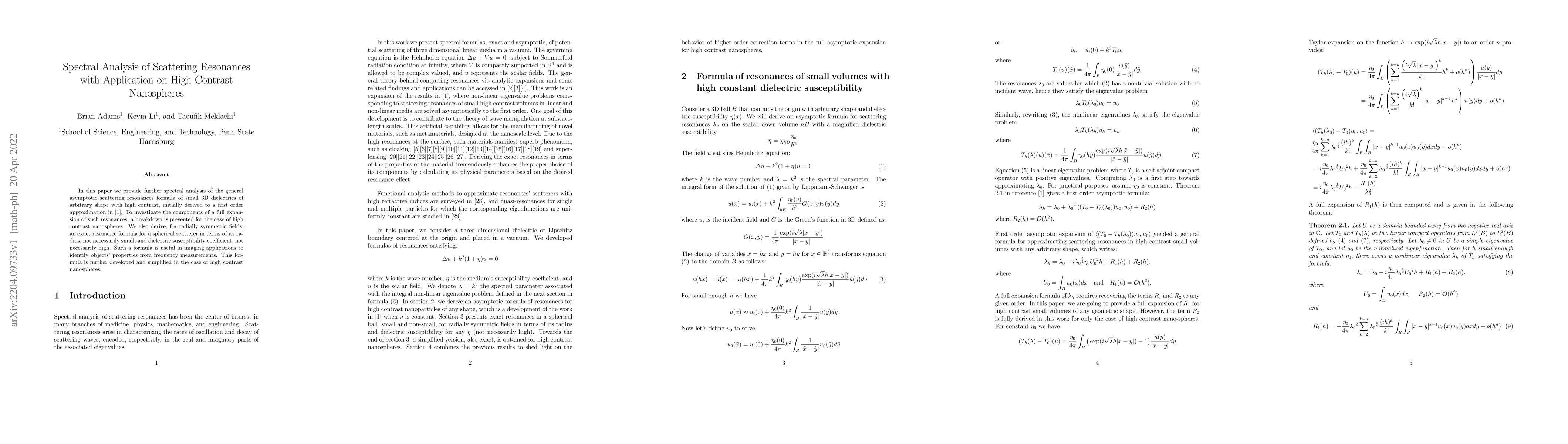 Thumbnail for Spectral Analysis of Scattering Resonances with Application on High
  Contrast Nanospheres