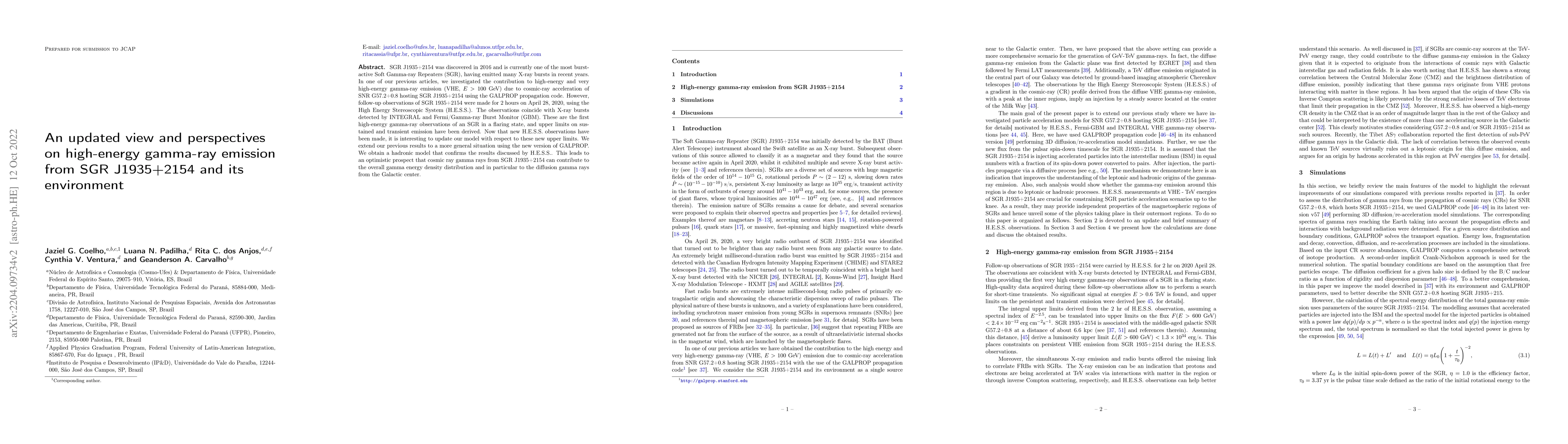 Thumbnail for An updated view and perspectives on high-energy gamma-ray emission from
  SGR J1935+2154 and its environment