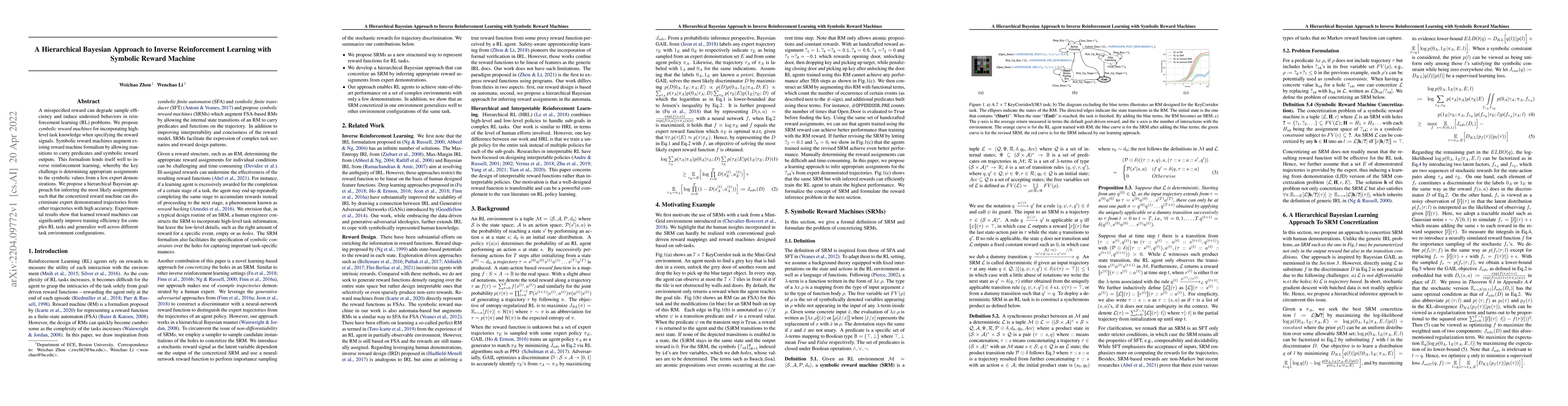 Thumbnail for A Hierarchical Bayesian Approach to Inverse Reinforcement Learning with
  Symbolic Reward Machines