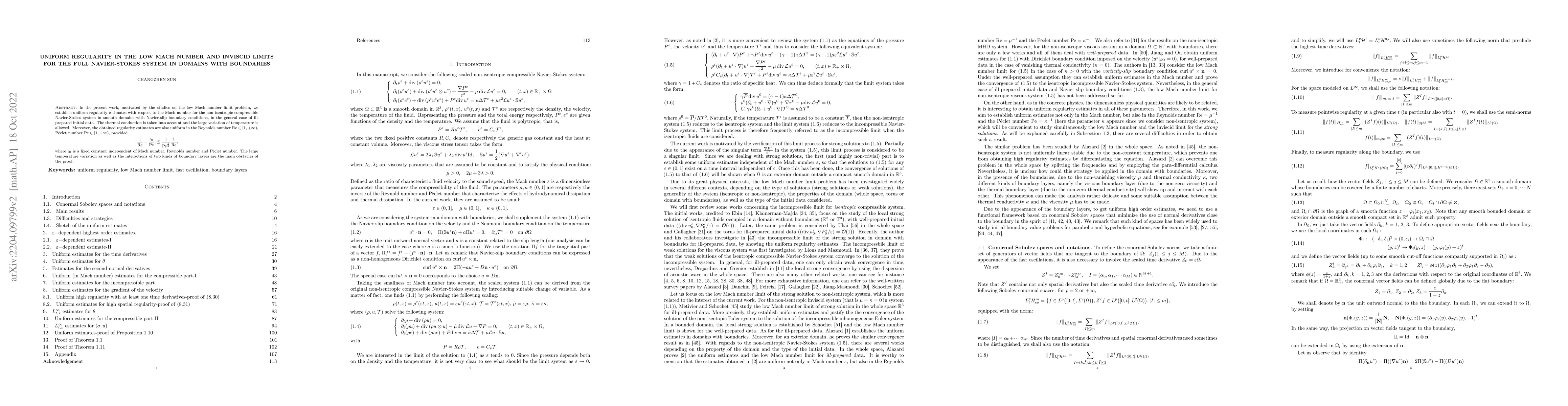 Thumbnail for Uniform regularity in the low Mach number and inviscid limits for the
  full Navier-Stokes system in domains with boundaries