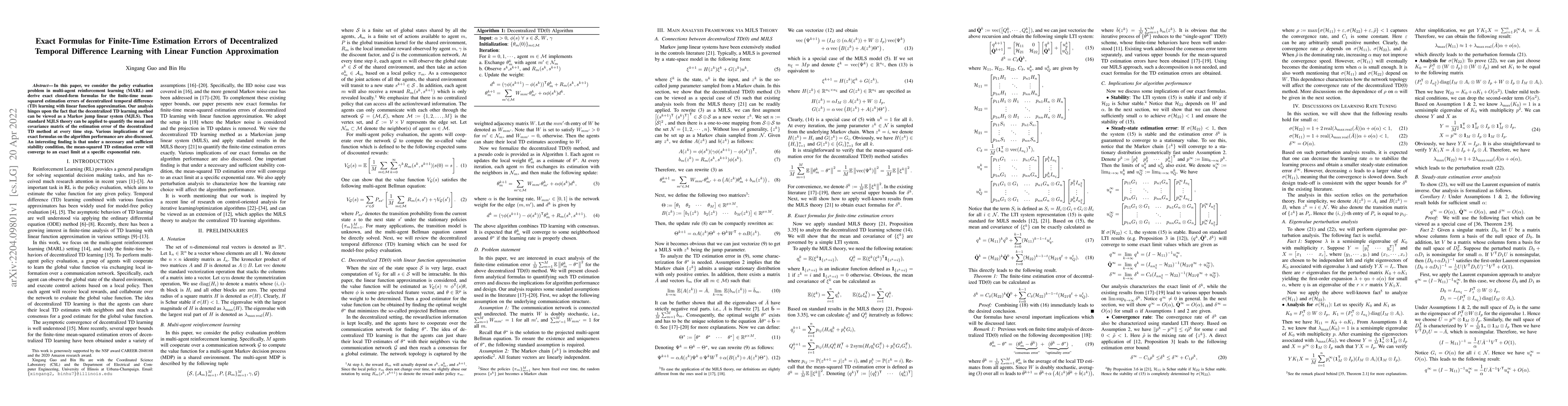 Thumbnail for Exact Formulas for Finite-Time Estimation Errors of Decentralized
  Temporal Difference Learning with Linear Function Approximation