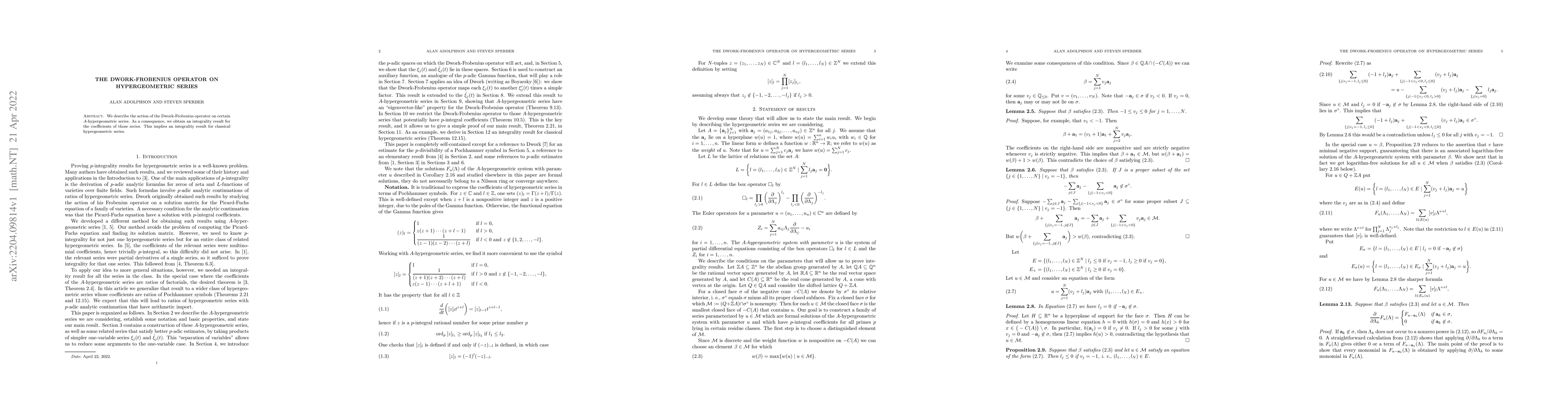 Thumbnail for The Dwork-Frobenius operator on hypergeometric series