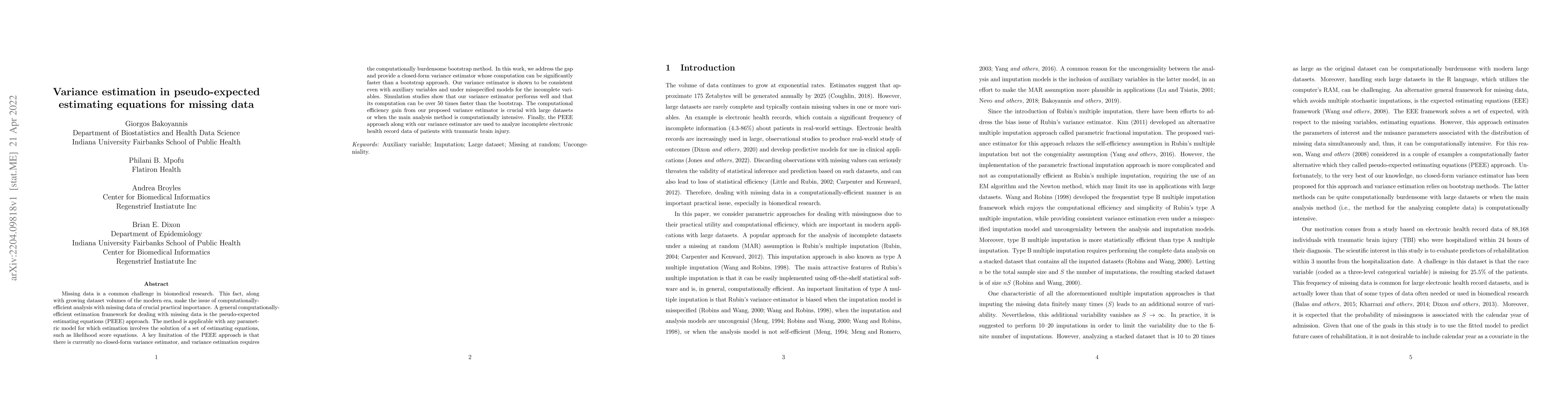 Thumbnail for Variance estimation in pseudo-expected estimating equations for missing
  data