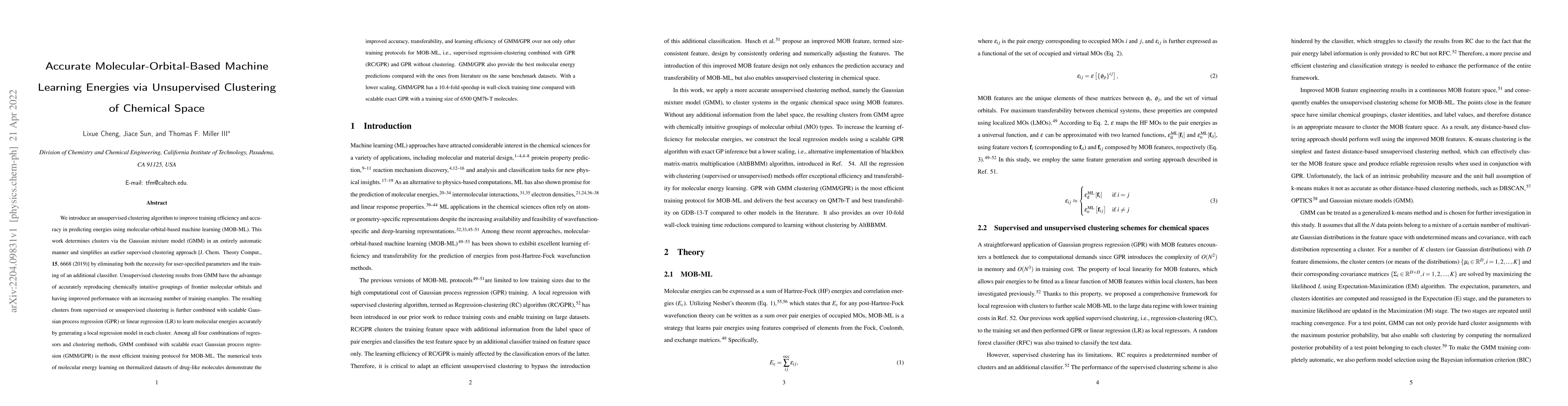 Thumbnail for Accurate Molecular-Orbital-Based Machine Learning Energies via
  Unsupervised Clustering of Chemical Space