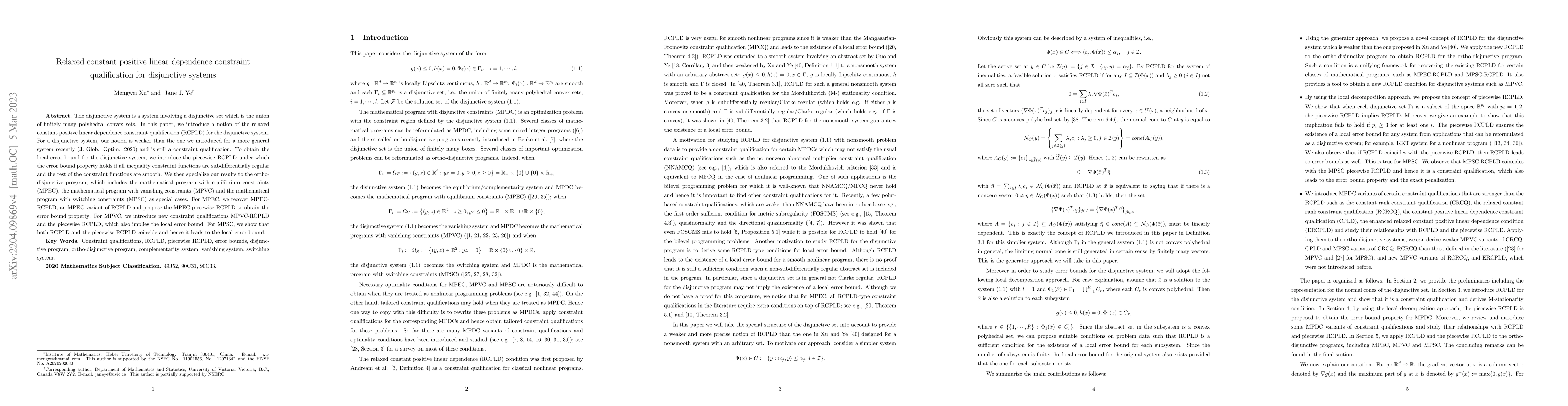 Thumbnail for Relaxed constant positive linear dependence constraint qualification for
  disjunctive programs