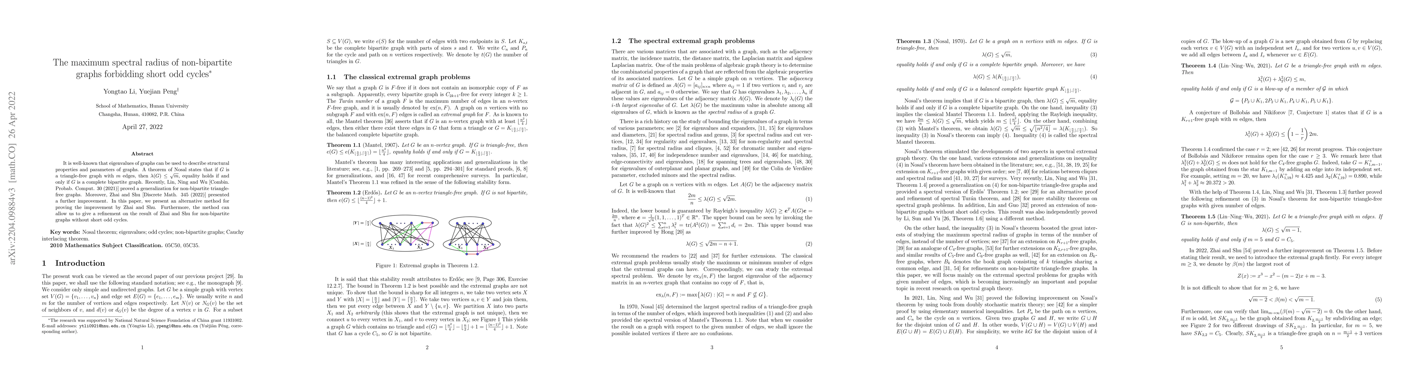 Thumbnail for The maximum spectral radius of non-bipartite graphs forbidding short odd
  cycles