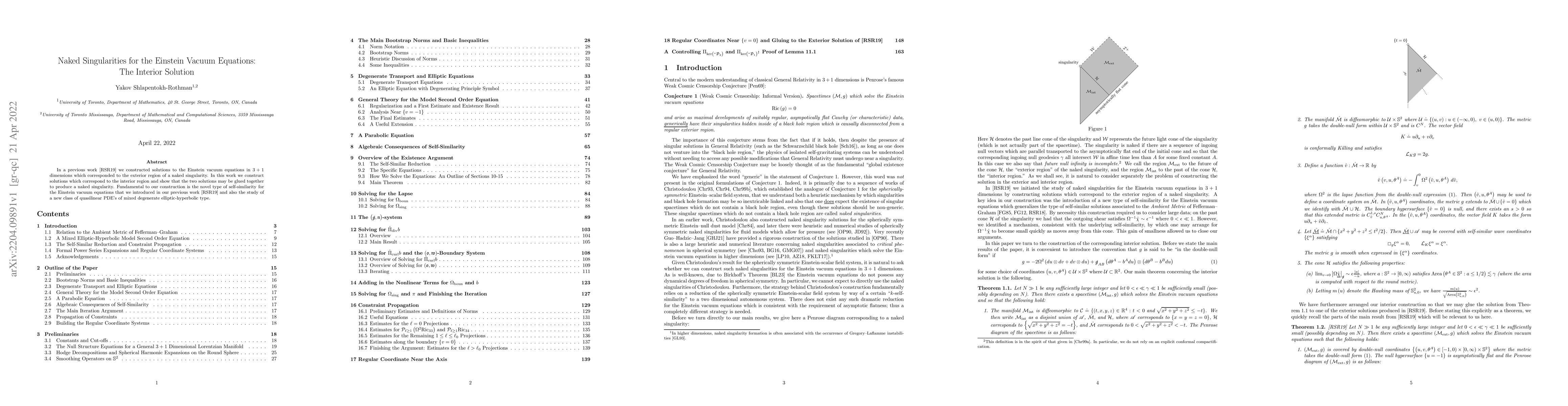 Thumbnail for Naked Singularities for the Einstein Vacuum Equations: The Interior
  Solution