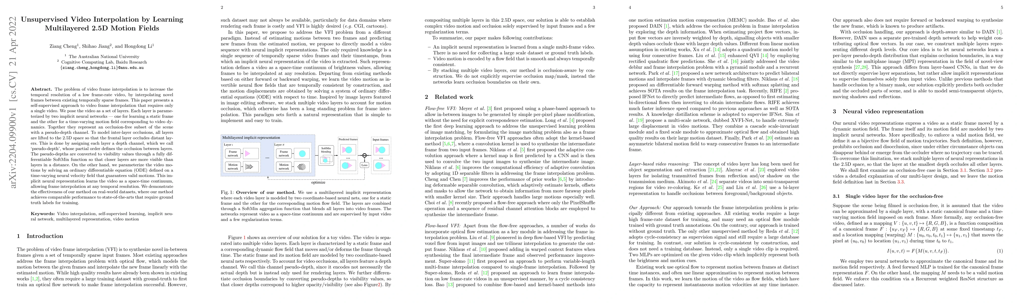 Thumbnail for Unsupervised Video Interpolation by Learning Multilayered 2.5D Motion
  Fields
