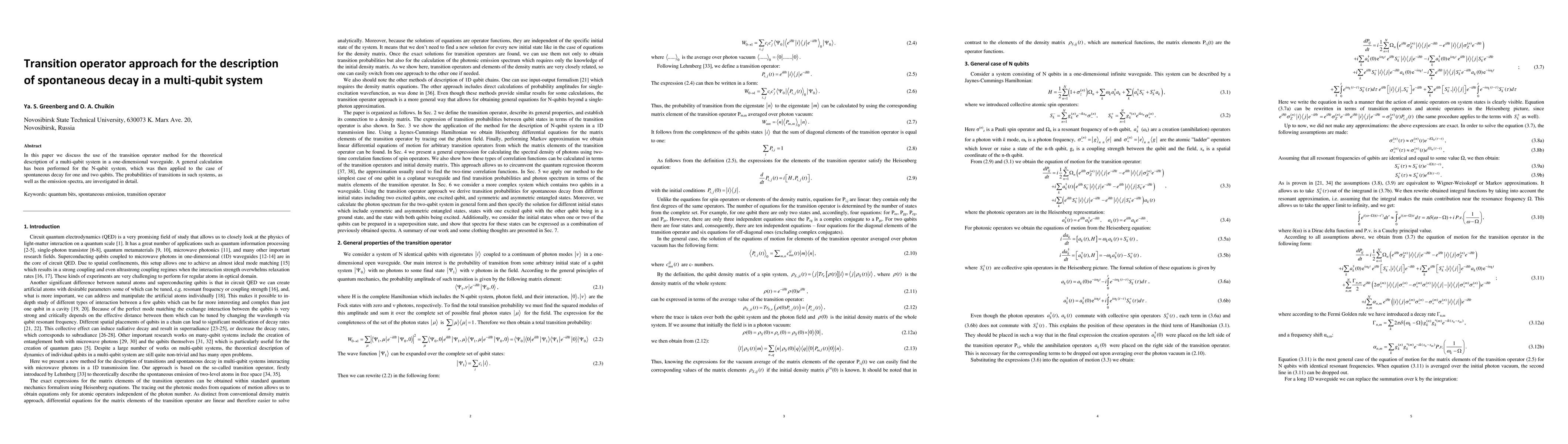 Thumbnail for Transition operator approach for the description of spontaneous decay in
  a multi-qubit system