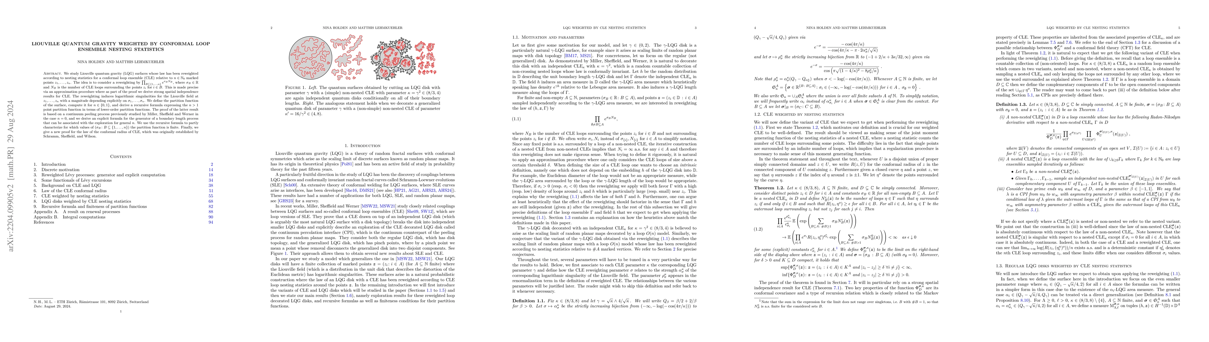 Thumbnail for Liouville quantum gravity weighted by conformal loop ensemble nesting
  statistics