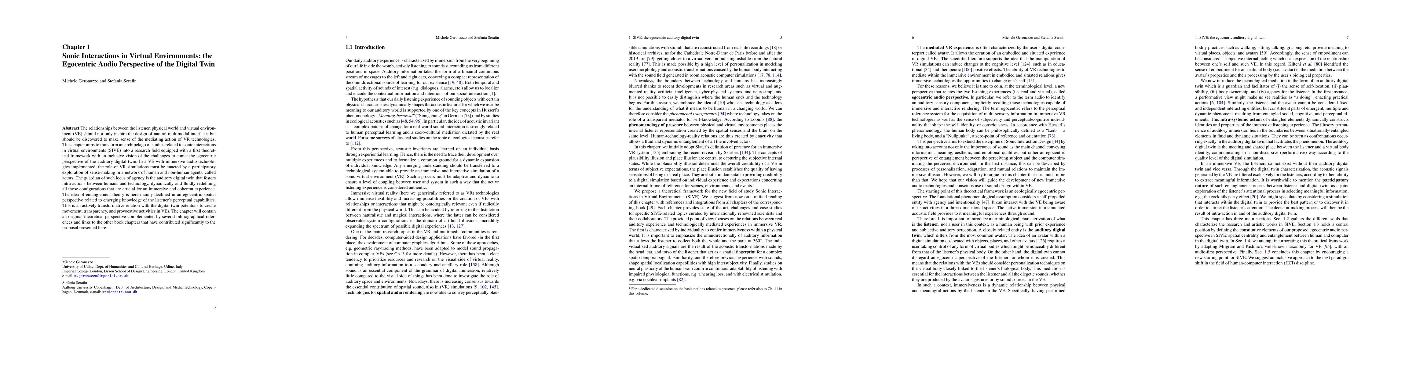 Thumbnail for Sonic Interactions in Virtual Environments: the Egocentric Audio
  Perspective of the Digital Twin