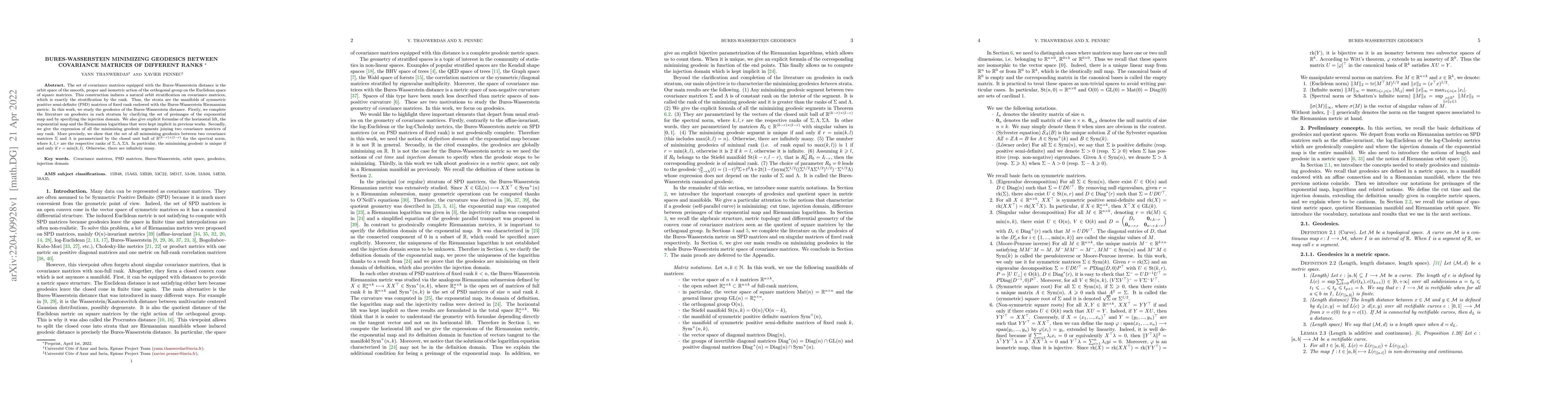 Thumbnail for Bures-Wasserstein minimizing geodesics between covariance matrices of
  different ranks