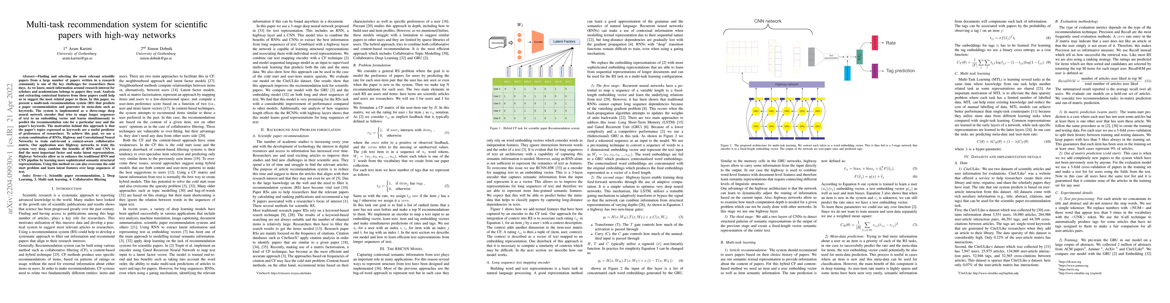 Thumbnail for Multi-task recommendation system for scientific papers with high-way
  networks