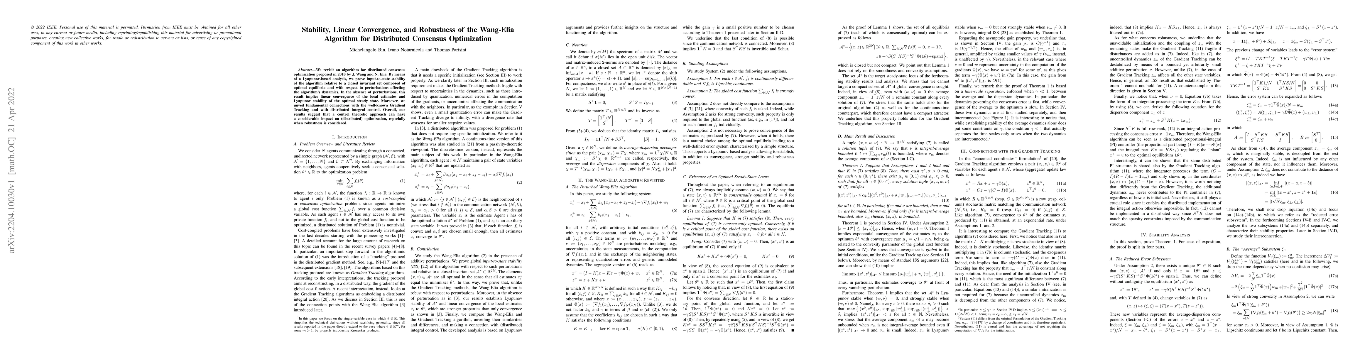 Thumbnail for Stability, Linear Convergence, and Robustness of the Wang-Elia Algorithm
  for Distributed Consensus Optimization