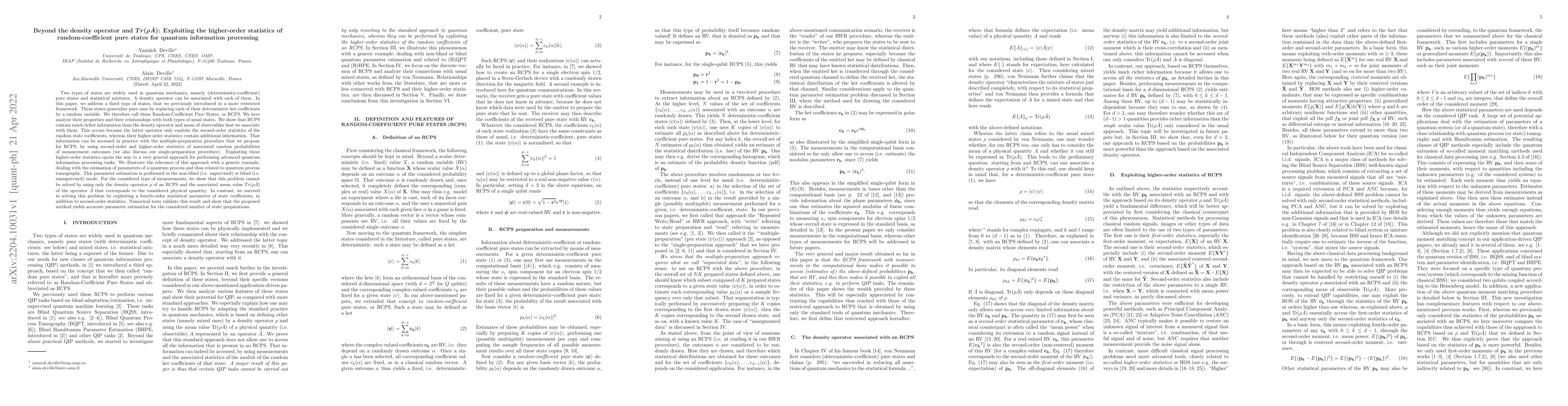 Thumbnail for Beyond the density operator and Tr(\rho A): Exploiting the higher-order
  statistics of random-coefficient pure states for quantum information
  processing