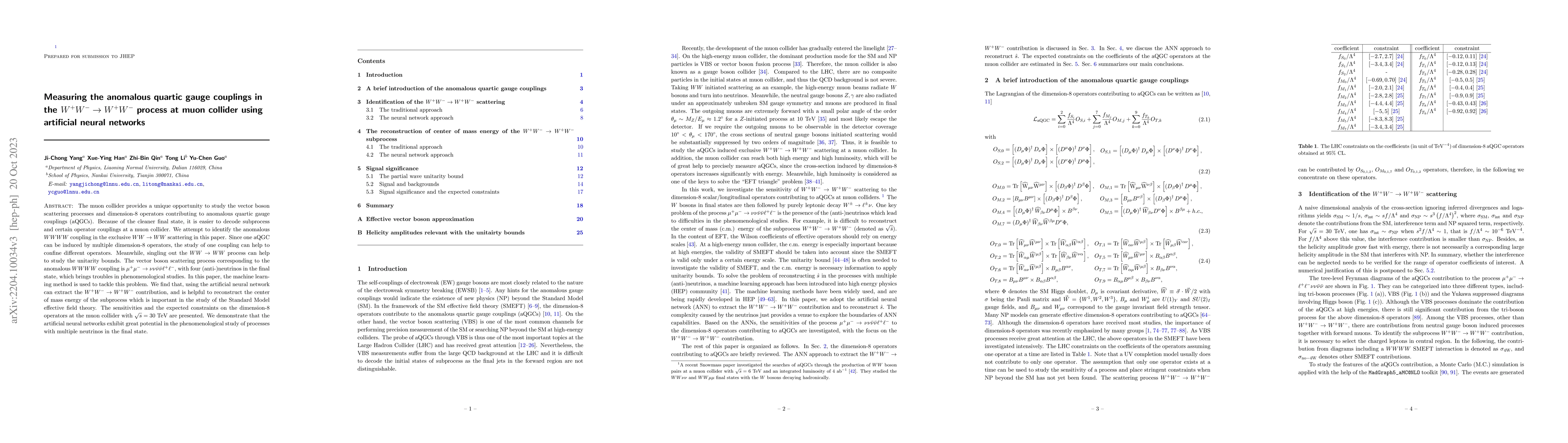 Thumbnail for Measuring the anomalous quartic gauge couplings in the $W^+W^-\to
  W^+W^-$ process at muon collider using artificial neural networks