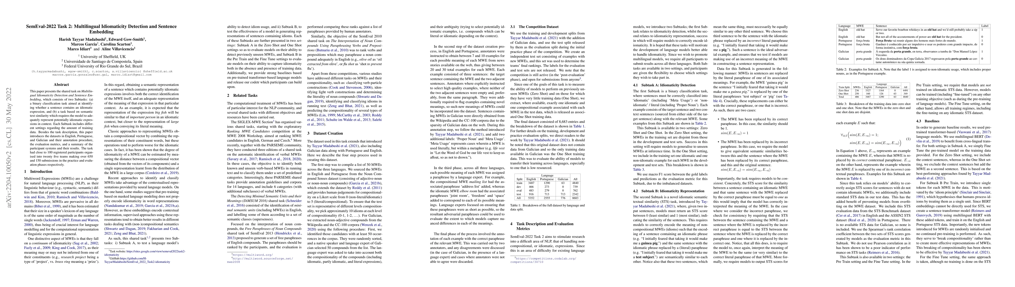Thumbnail for SemEval-2022 Task 2: Multilingual Idiomaticity Detection and Sentence
  Embedding