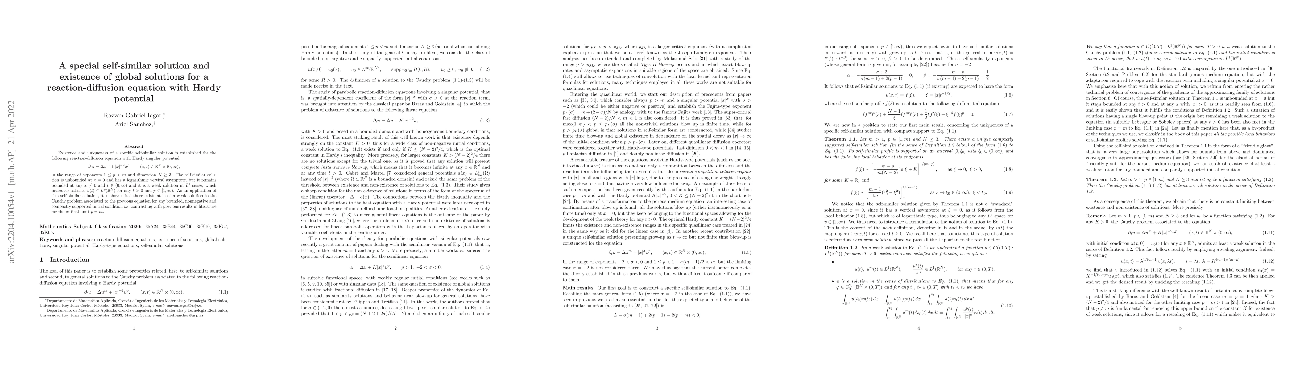 Thumbnail for A special self-similar solution and existence of global solutions for a
  reaction-diffusion equation with Hardy potential