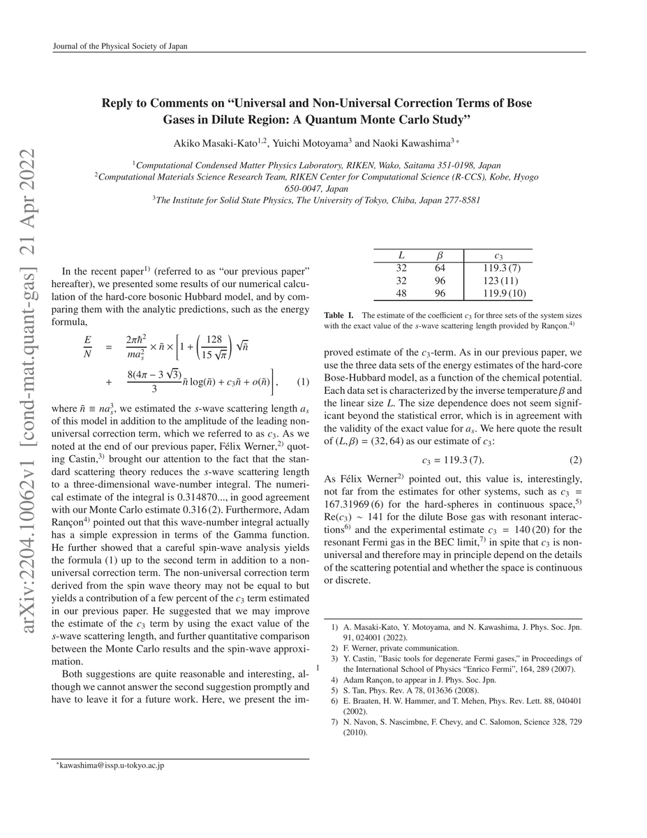 Thumbnail for Reply to Comments on "Universal and Non-Universal Correction Terms of
  Bose Gases in Dilute Region: A Quantum Monte Carlo Study"