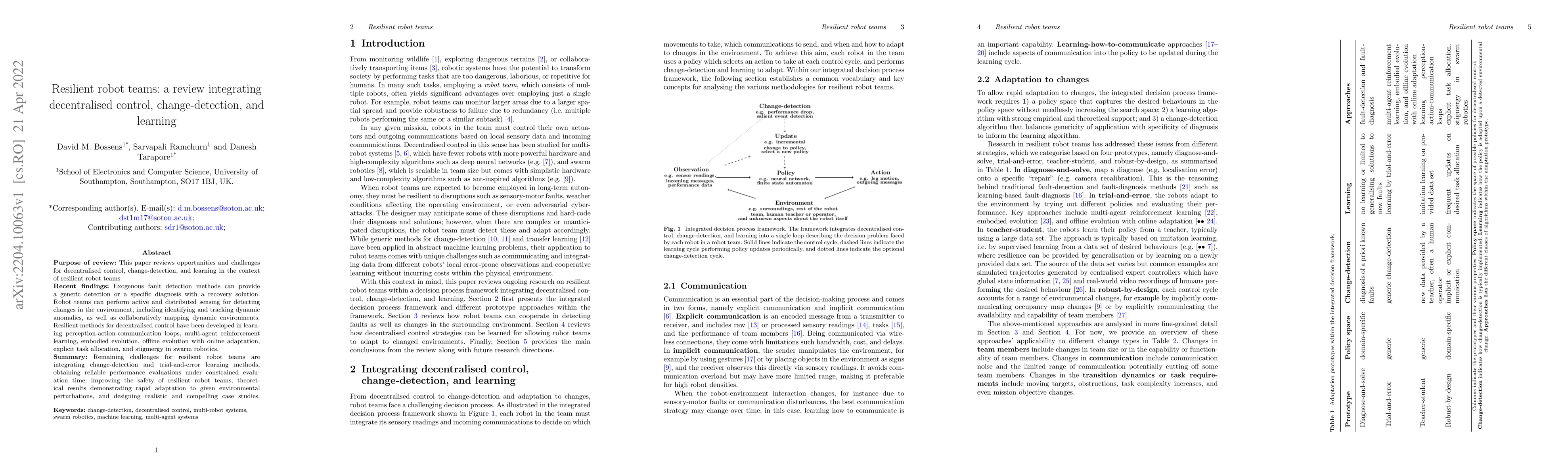 Thumbnail for Resilient robot teams: a review integrating decentralised control,
  change-detection, and learning