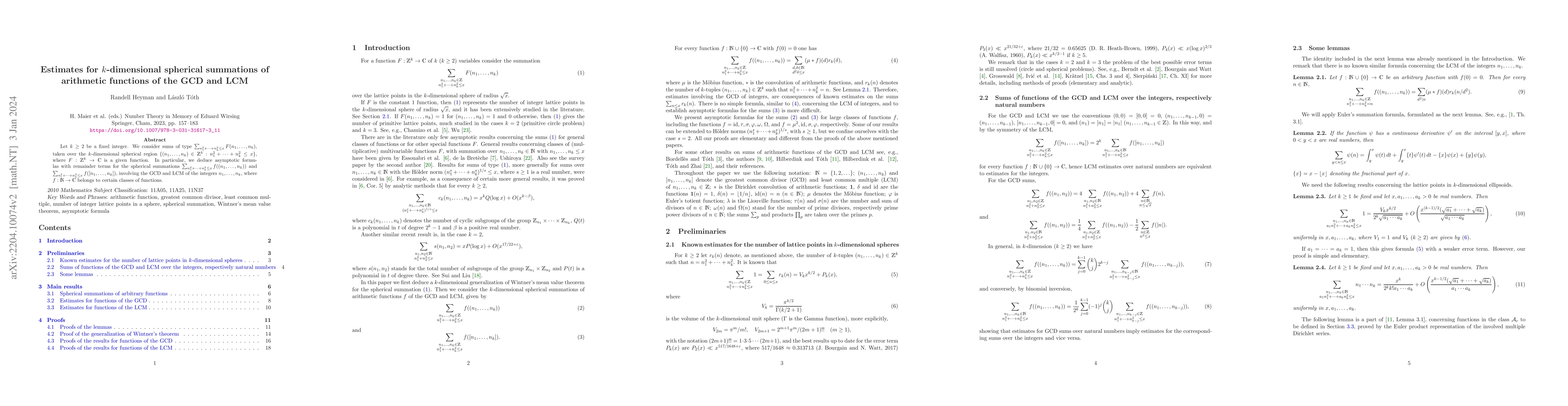 Thumbnail for Estimates for $k$-dimensional spherical summations of arithmetic
  functions of the GCD and LCM