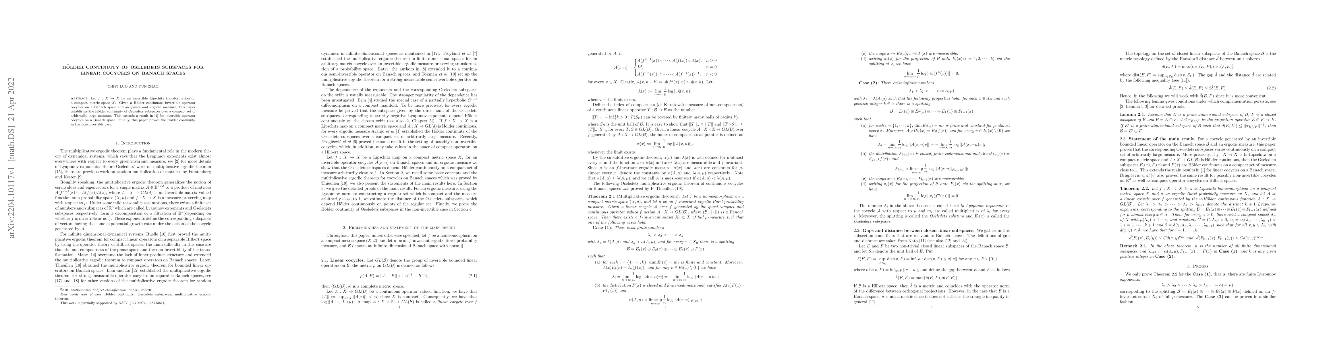 Thumbnail for H\"{o}lder continuity of Oseledets subspaces for linear cocycles on
  Banach spaces