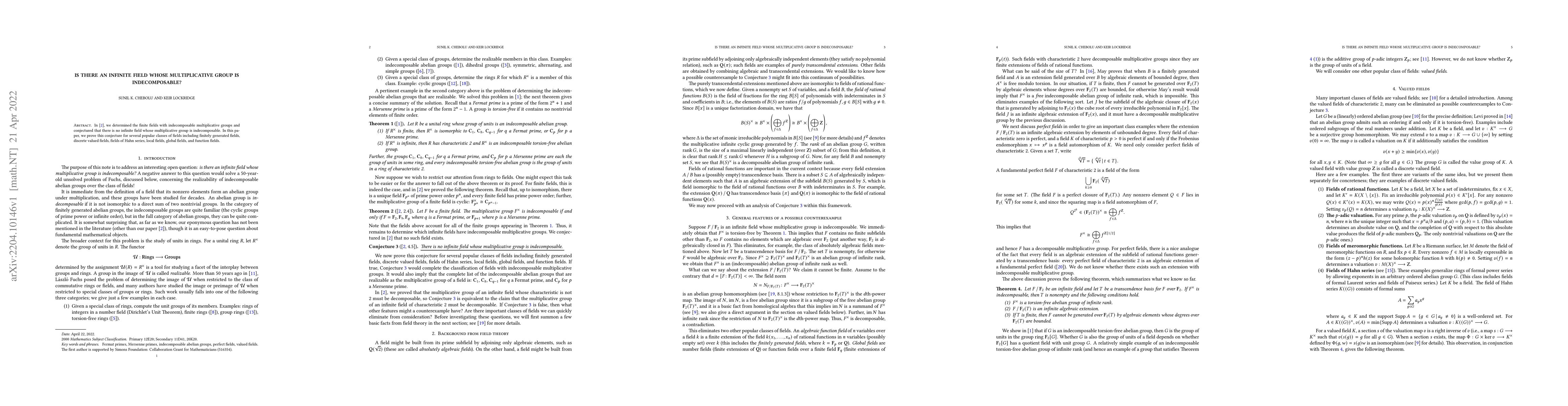 Thumbnail for Is there an infinite field whose multiplicative group is indecomposable?