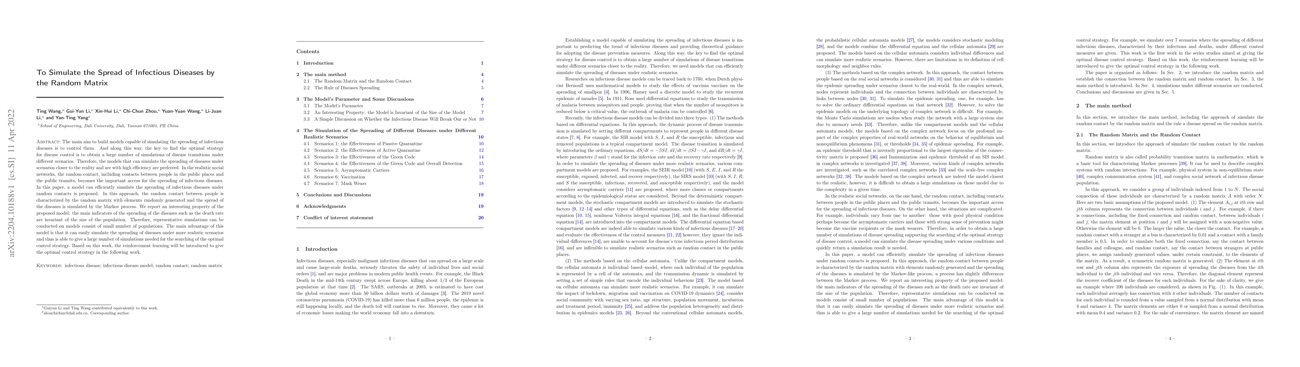 Thumbnail for To Simulate the Spread of Infectious Diseases by the Random Matrix