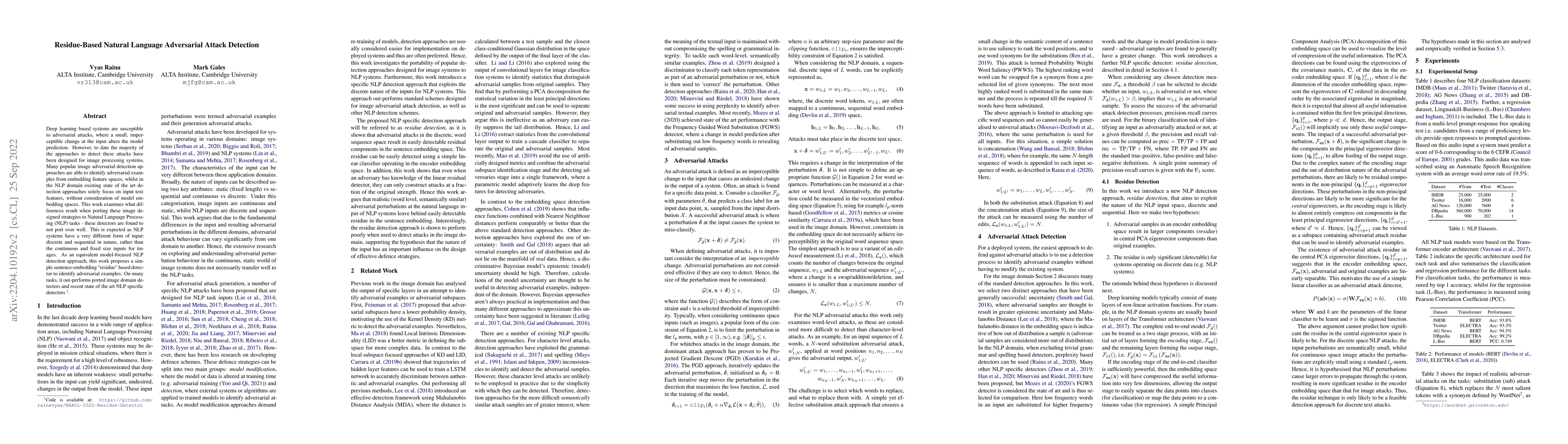 Thumbnail for Residue-Based Natural Language Adversarial Attack Detection