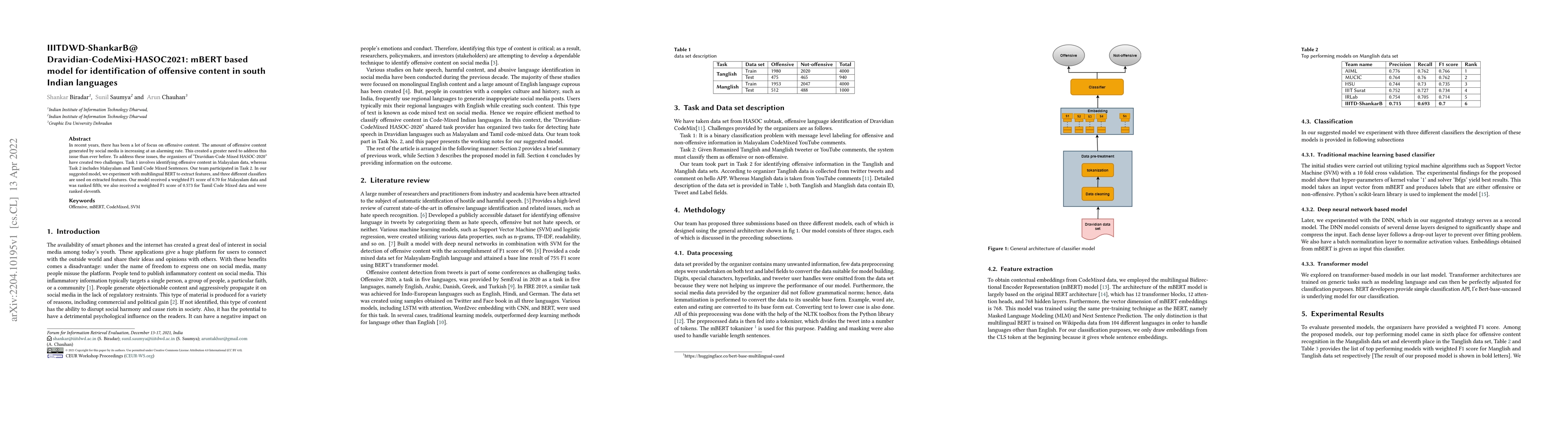 Thumbnail for IIITDWD-ShankarB@ Dravidian-CodeMixi-HASOC2021: mBERT based model for
  identification of offensive content in south Indian languages