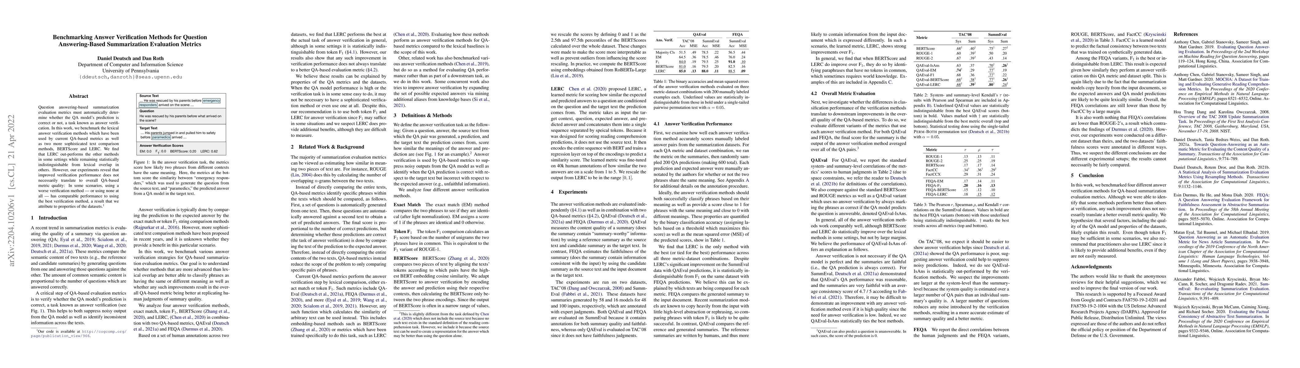 Thumbnail for Benchmarking Answer Verification Methods for Question Answering-Based
  Summarization Evaluation Metrics