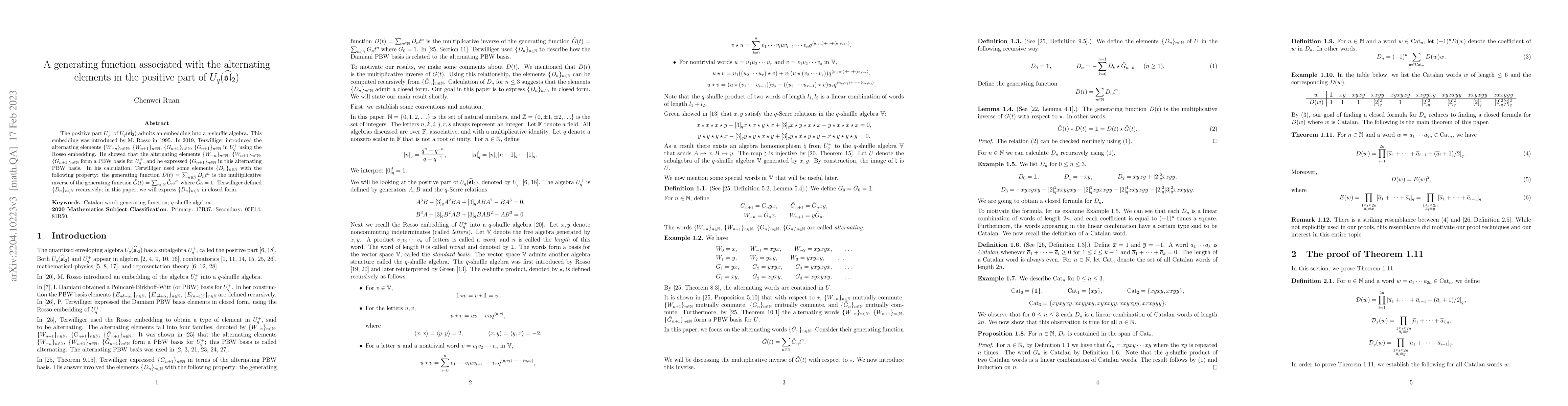 Thumbnail for A generating function associated with the alternating elements in the
  positive part of $U_q(\widehat{\mathfrak{sl}}_2)$