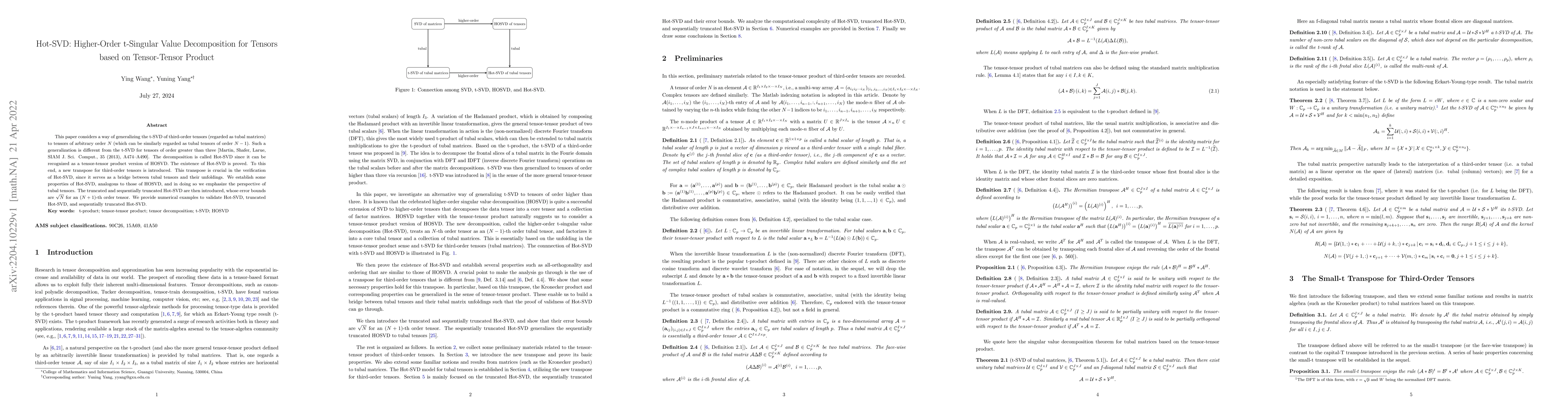 Thumbnail for Hot-SVD: Higher-Order t-Singular Value Decomposition for Tensors based
  on Tensor-Tensor Product
