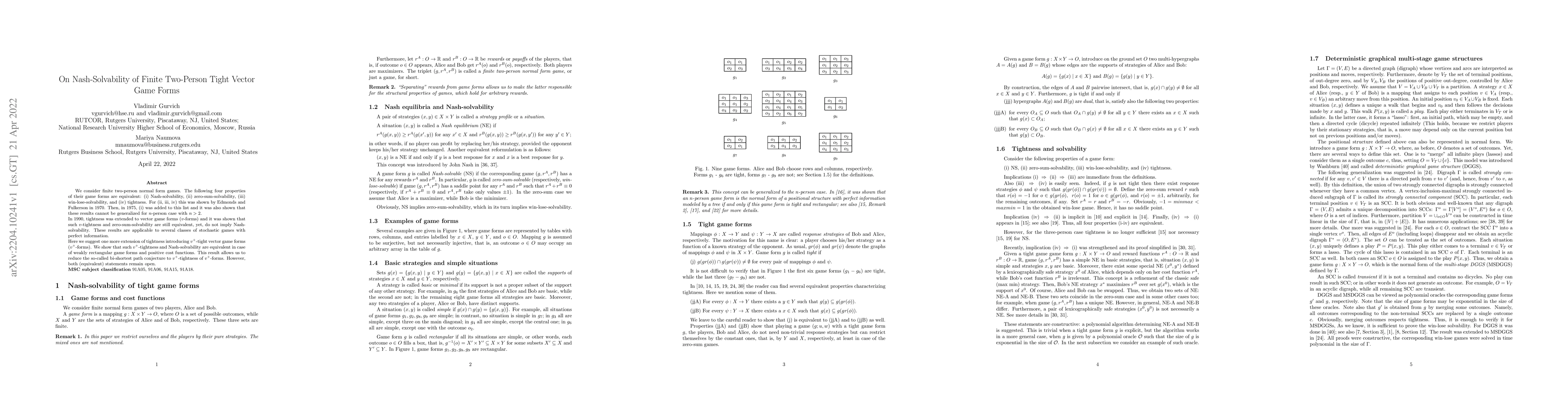 Thumbnail for On Nash-Solvability of Finite Two-Person Tight Vector Game Forms