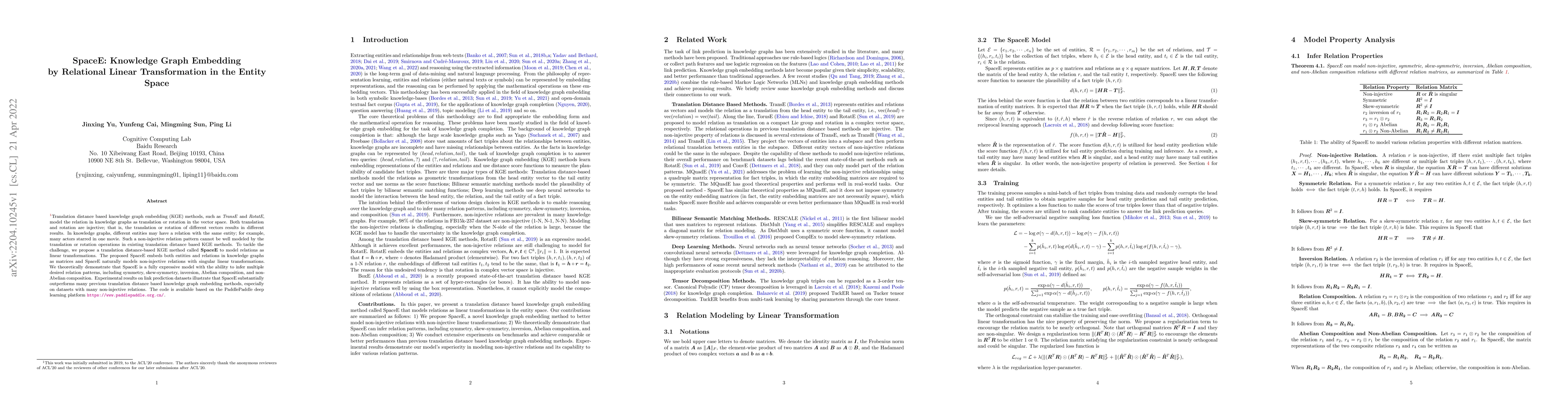 Thumbnail for SpaceE: Knowledge Graph Embedding by Relational Linear Transformation in
  the Entity Space
