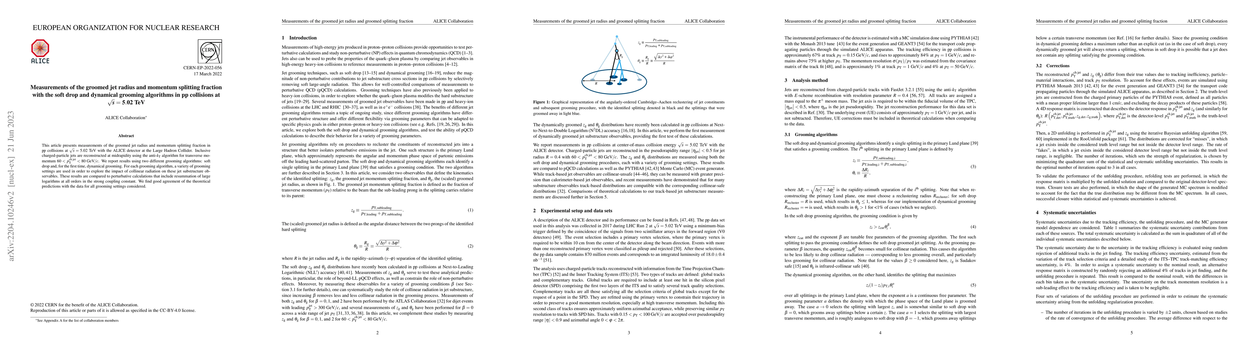 Thumbnail for Measurements of the groomed jet radius and momentum splitting fraction
  with the soft drop and dynamical grooming algorithms in pp collisions at
  $\sqrt{s}=5.02$ TeV